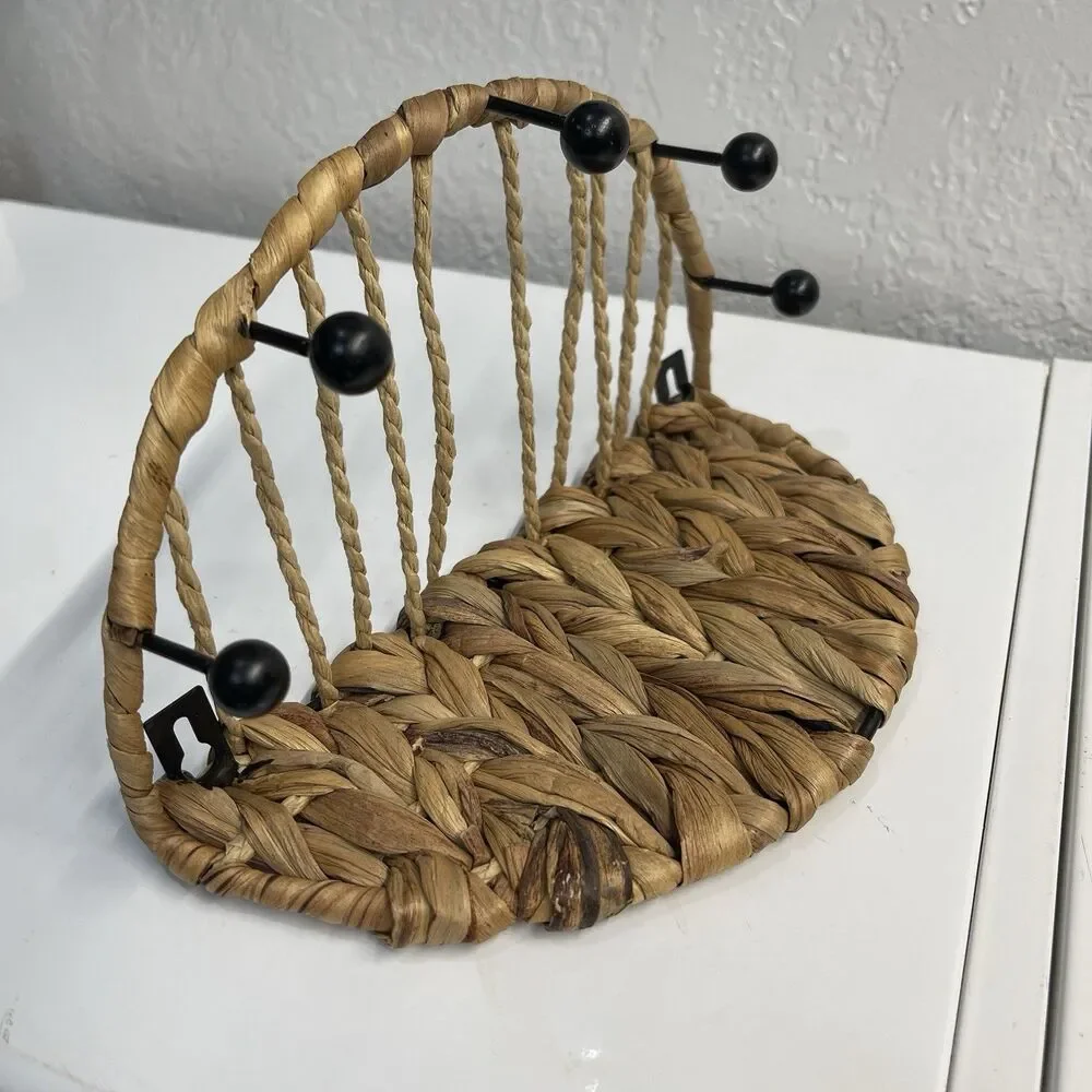Woven Natural Water Hyacinth & Metal Wall Shelf w/ 5 Pegs, Used
